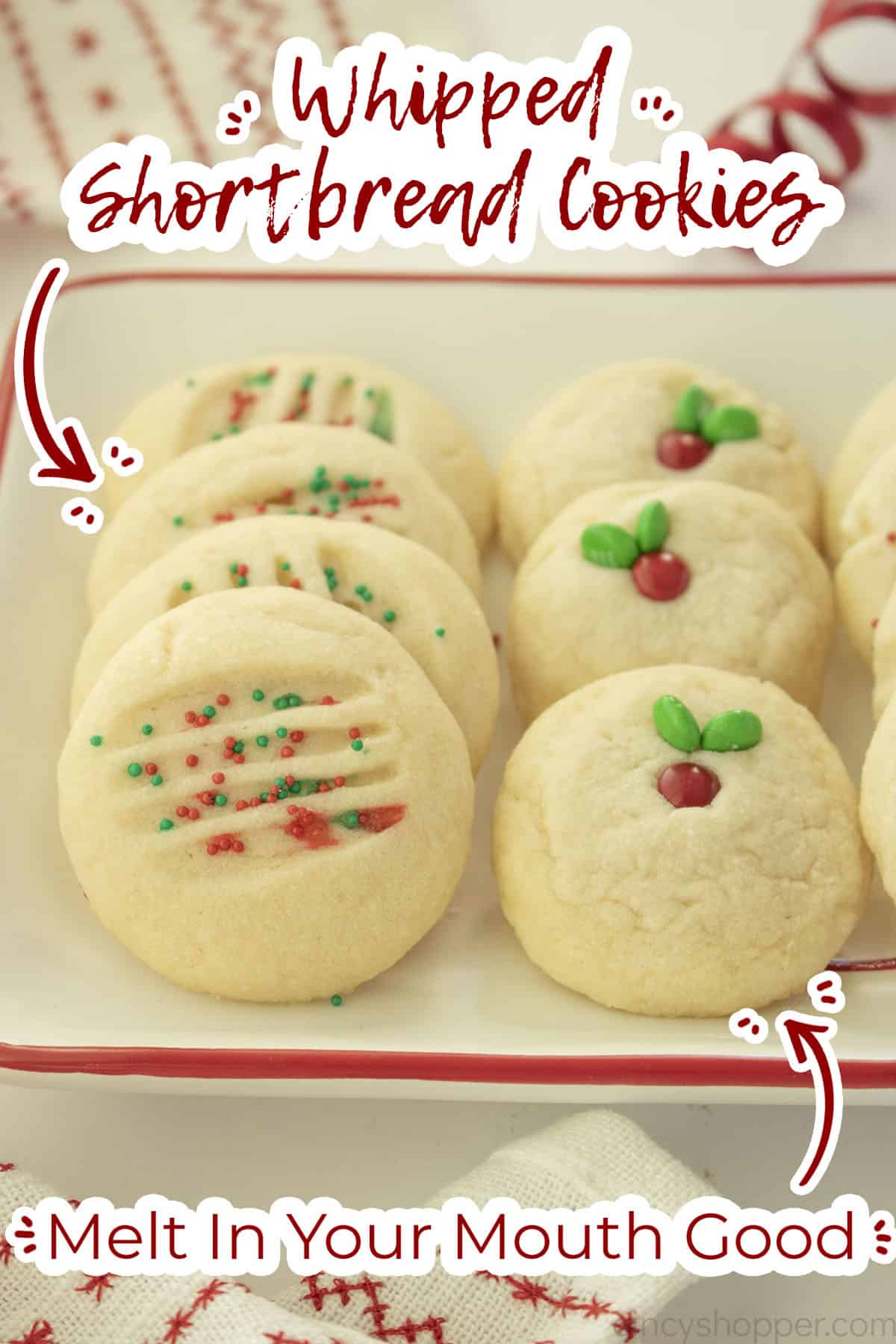 Two different decorated shortbread cookies on a platter. Text on image "Melt in your mouth good"