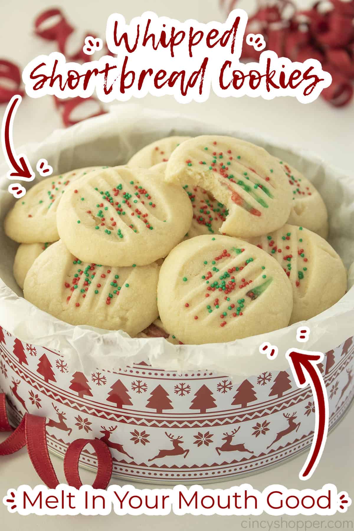 Whipped Shortbread Cookies in a cookie tin. Text on image "Melt in your mouth good"