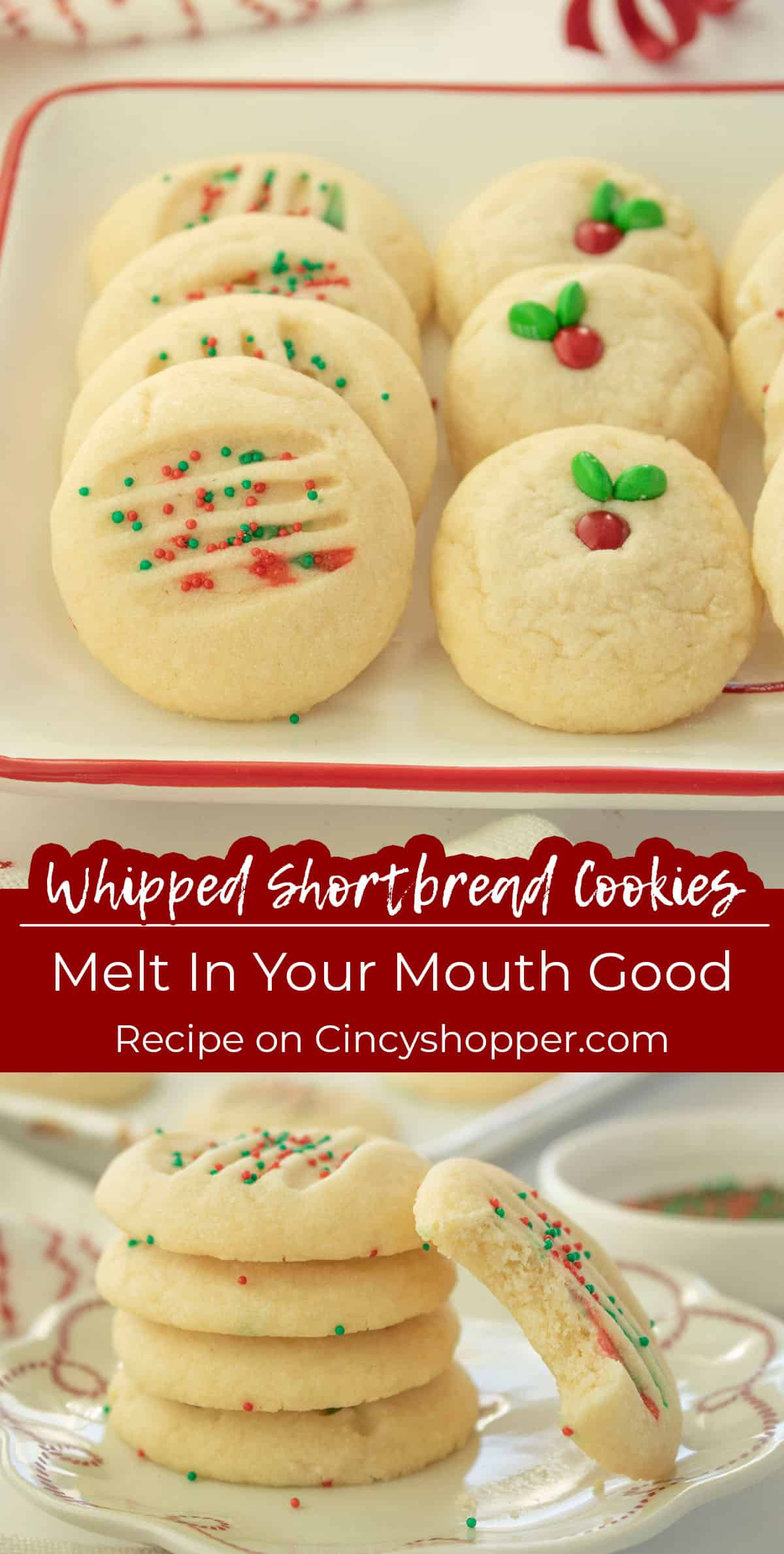 Long pin collage Whipped Shortbread Cookies Text on image "Melt in your mouth good"