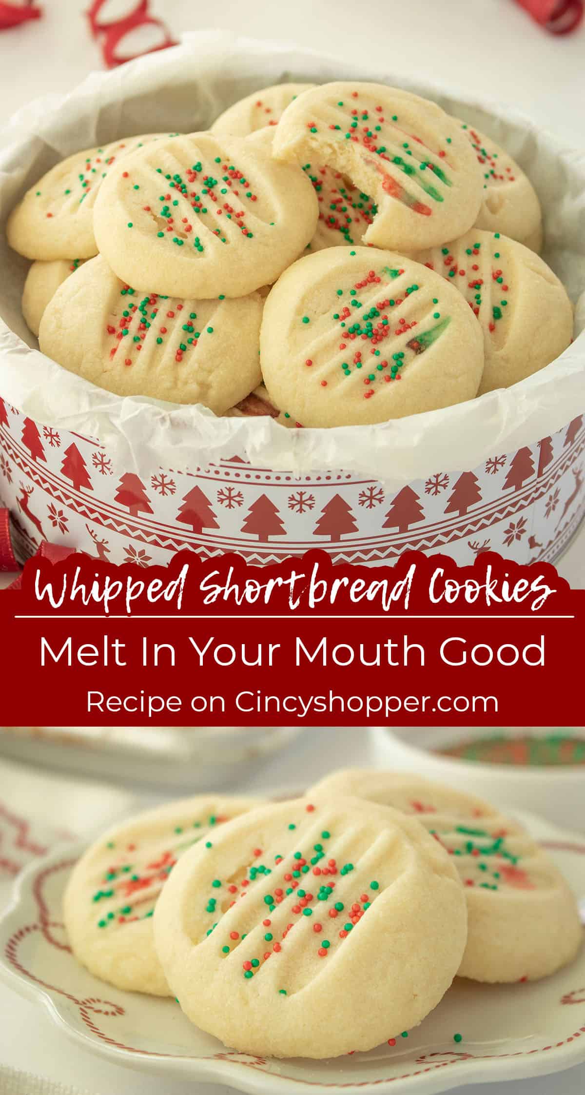 Long pin collage Whipped Shortbread Cookies Text on image "Melt in your mouth good"