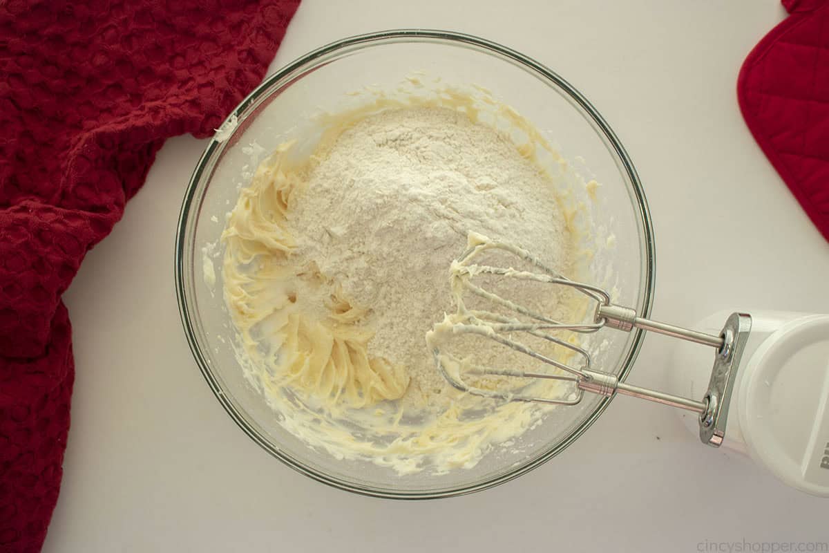 Flour and salt mixture added to cookie dough base.