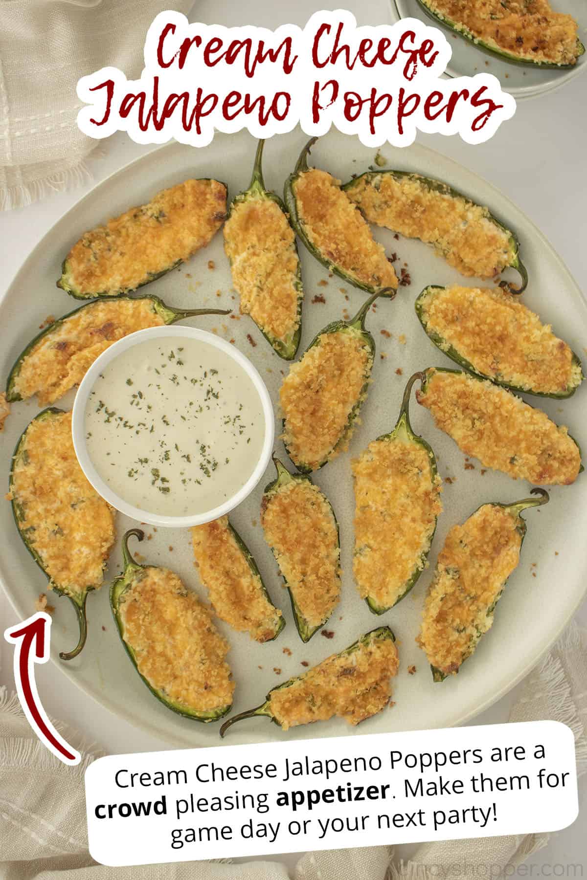 Cream Cheese Jalapeno Popper text on image crowd pleasing appetizer. Make them for game day or your next party.