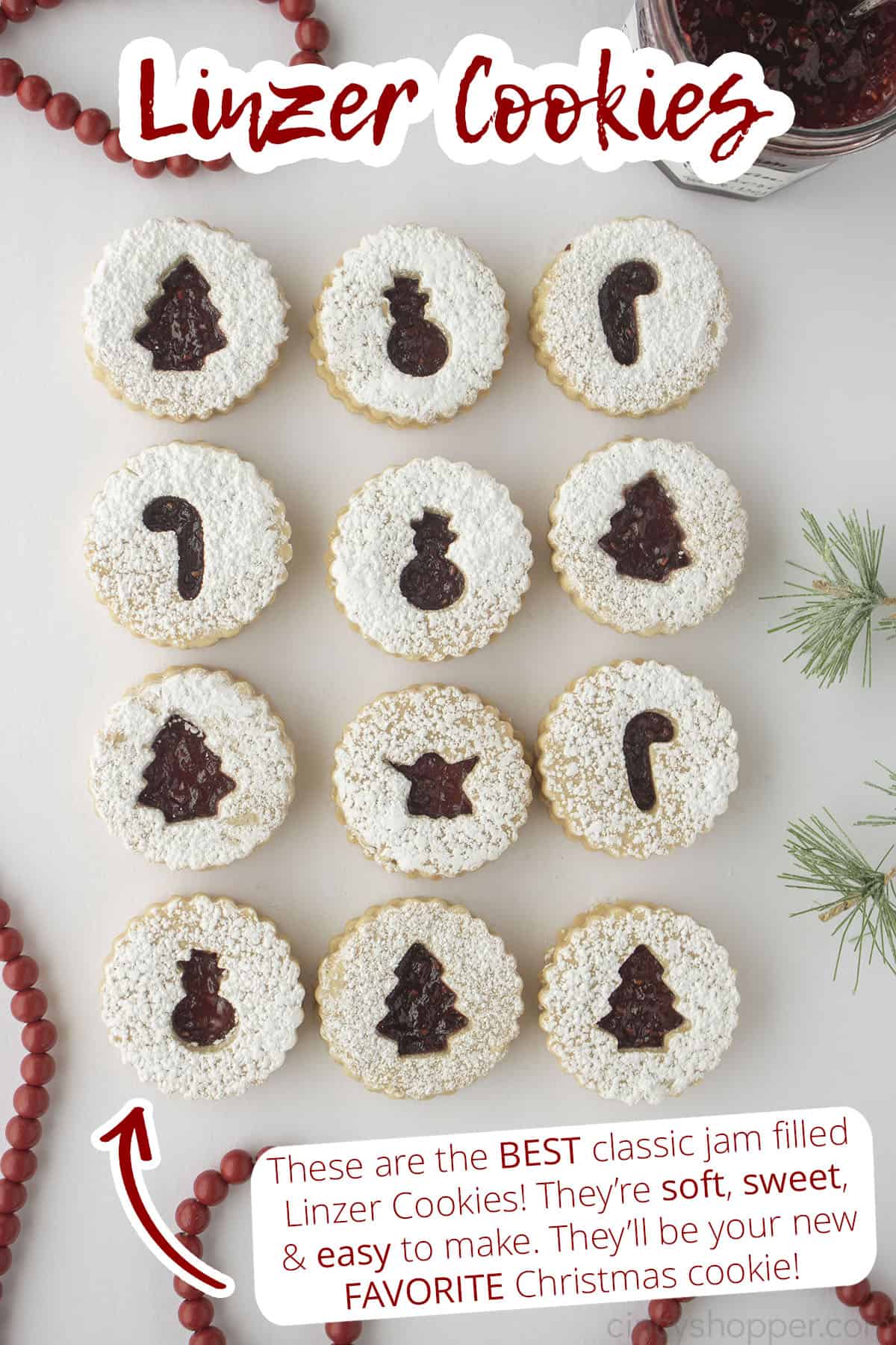 Linzer cutout cookies with text on image.