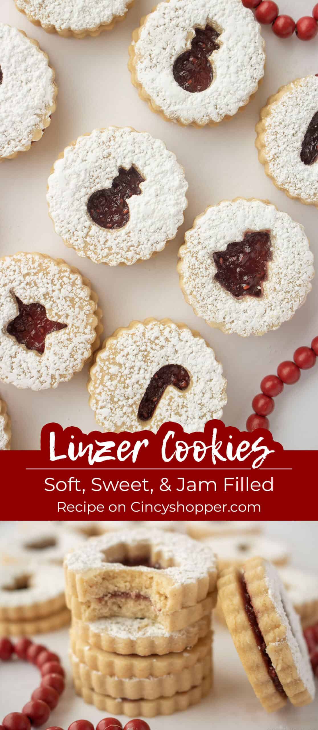 Long pin collage Linzer Cookies text on image Soft, Sweet and Jam Filled.