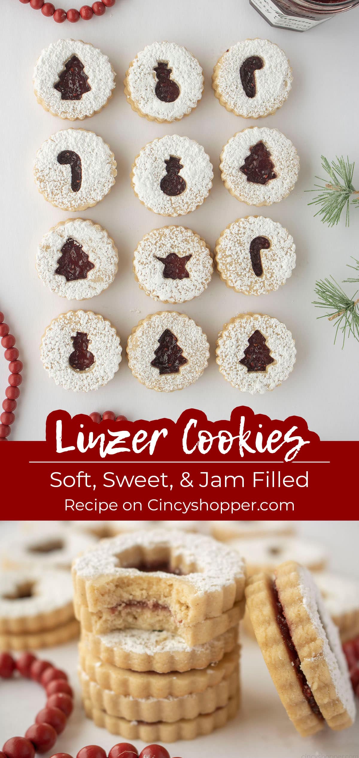 Long pin collage Linzer Cookies text on image Soft, Sweet and Jam Filled.