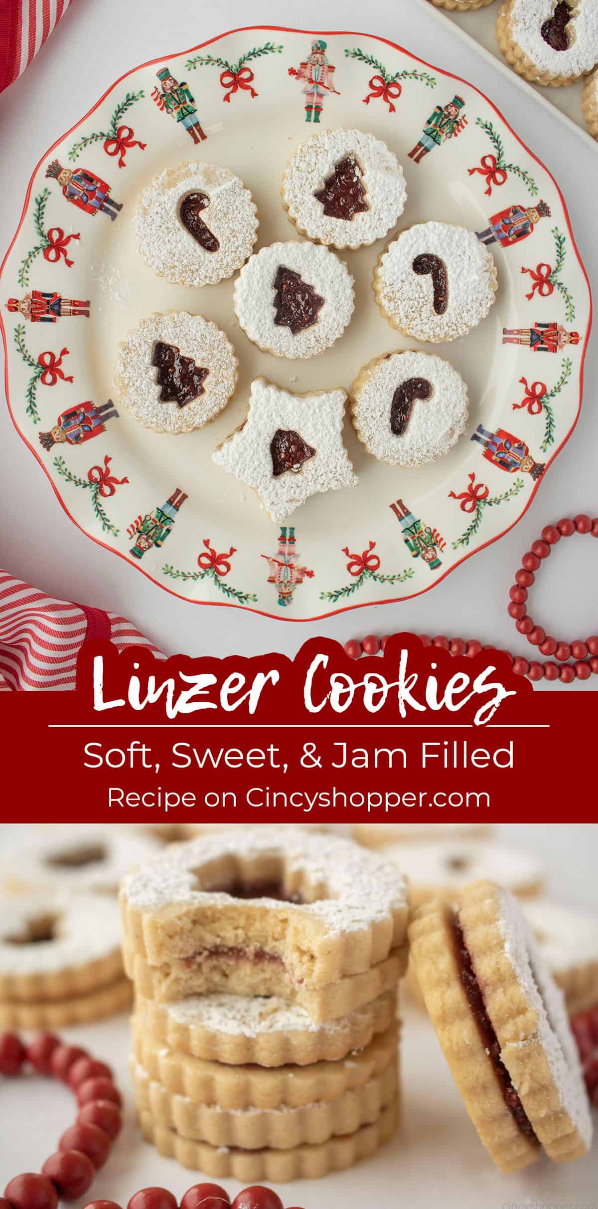 Long pin collage Linzer Cookies text on image Soft, Sweet and Jam Filled.