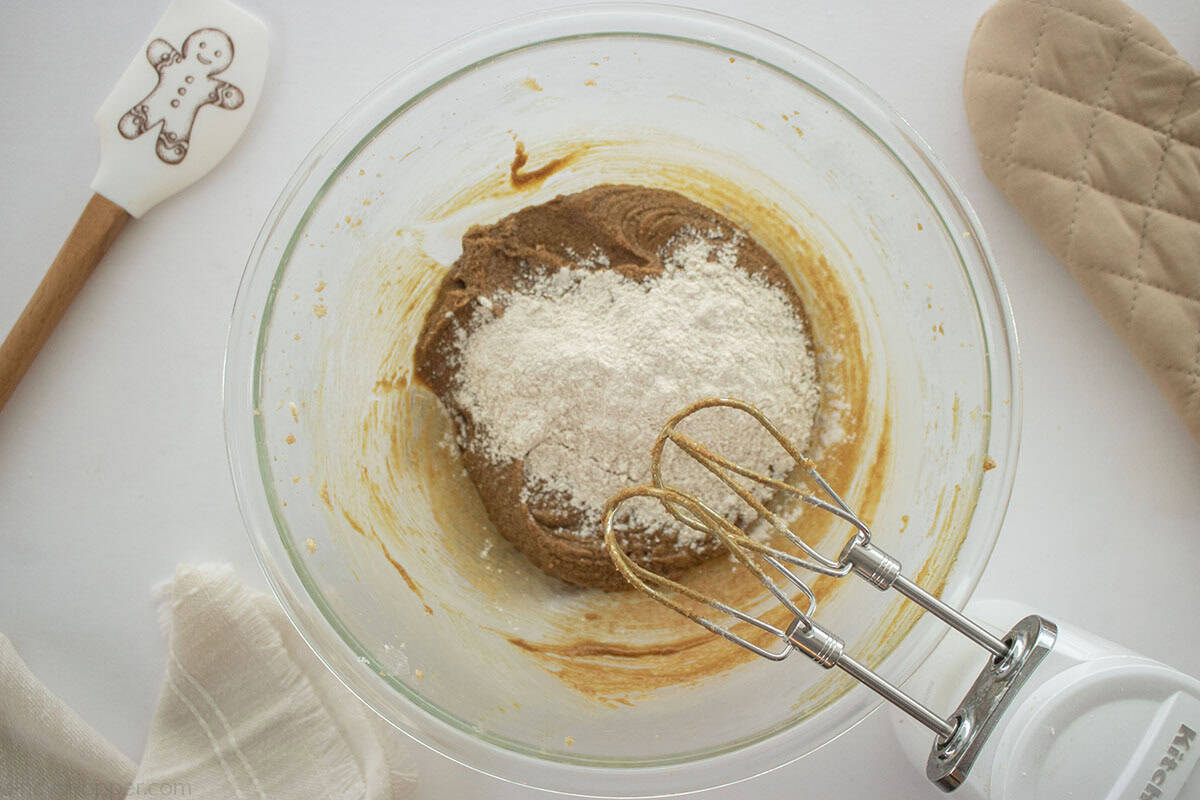 Dry ingredients added to butter sugar mixture.