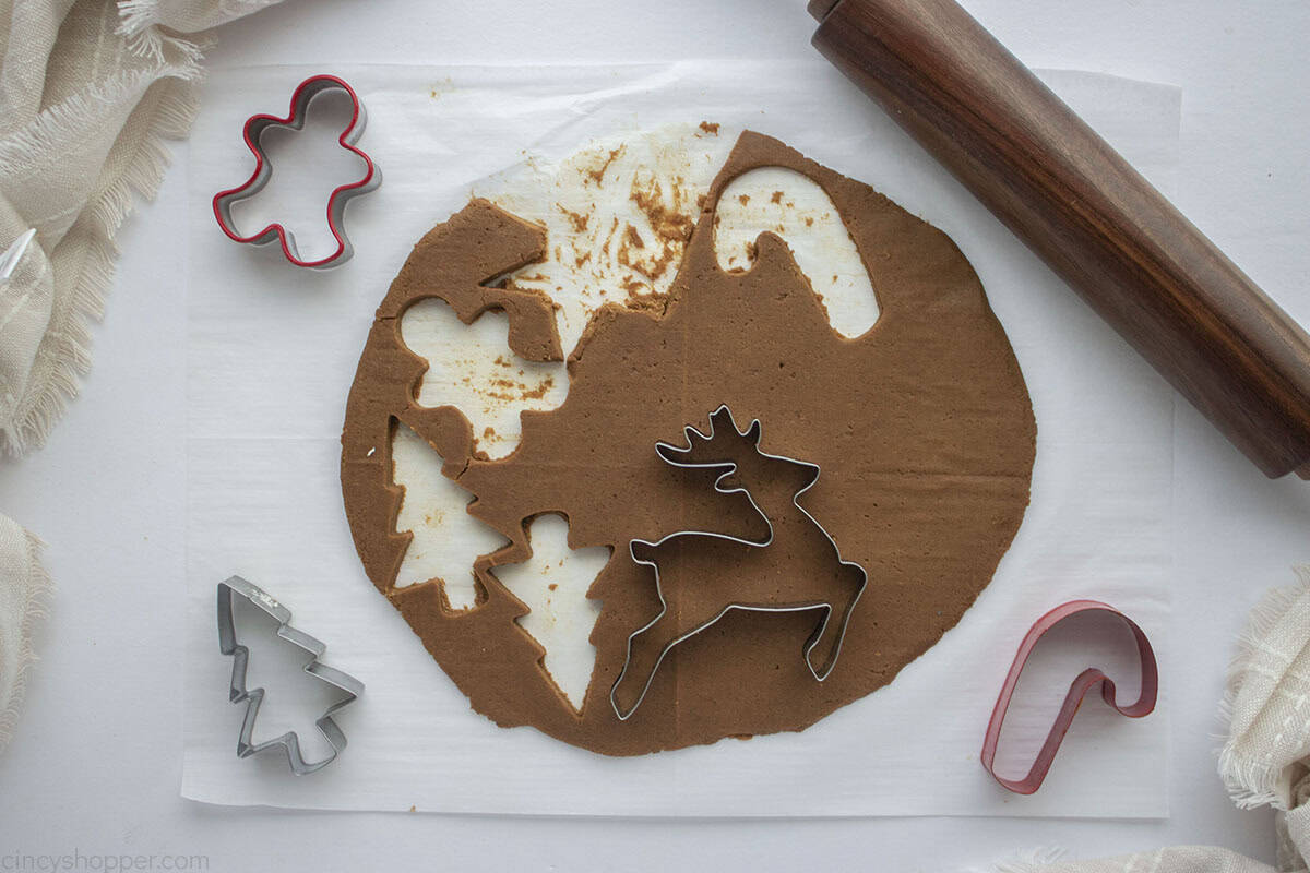 Cookie cutters placed on the gingbread cookie dough.
