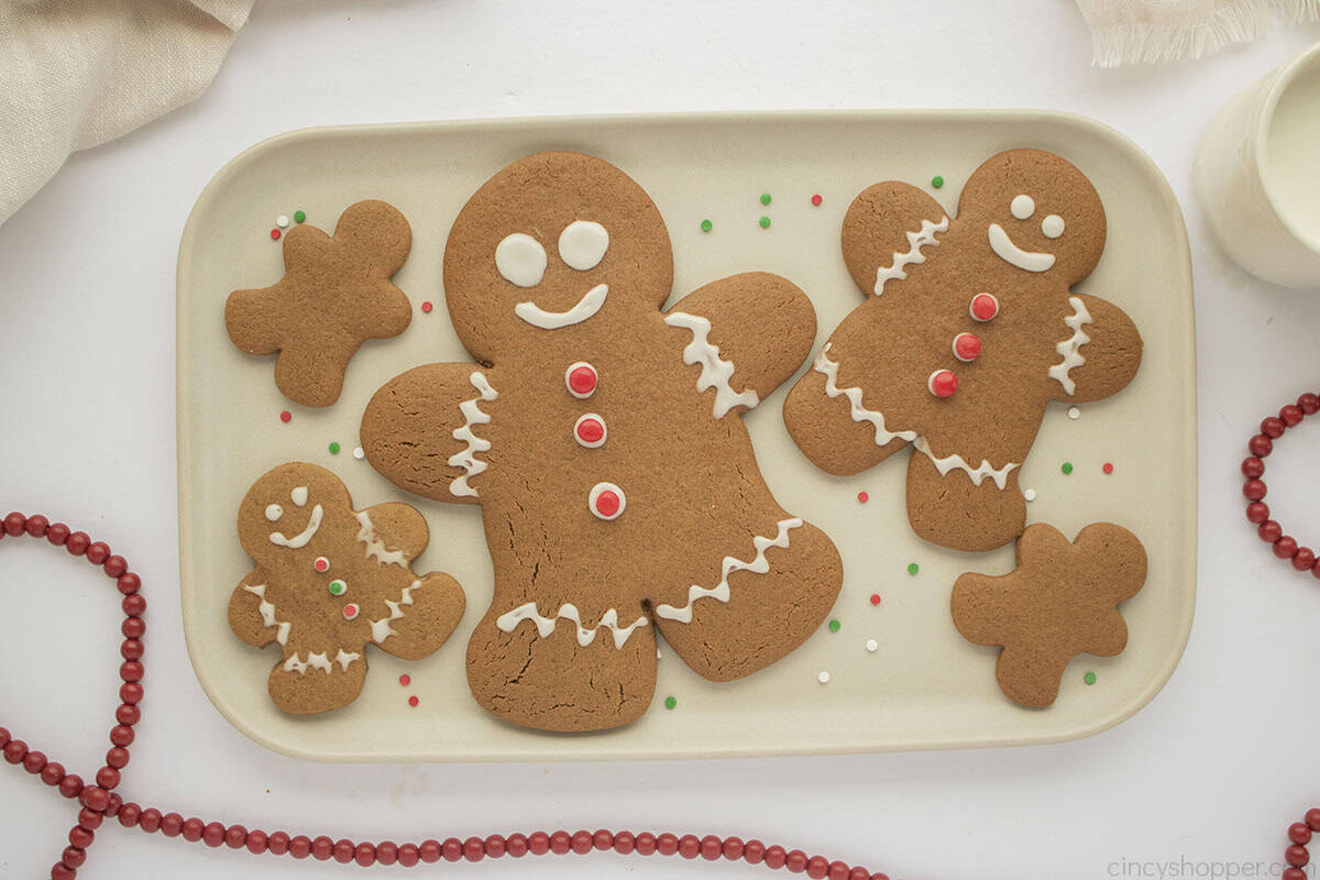 Platter with small medium and large gingerbread men cookies.