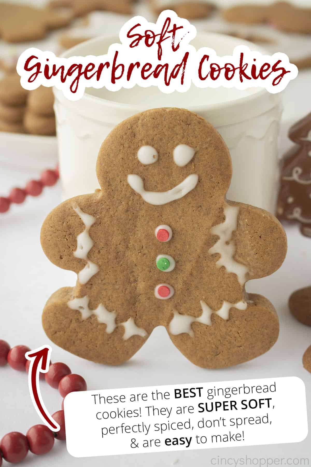 Gingredbread man decorated cookie with text on image These are the BEST Gingerbread cookies! They are super soft, perfectly spiced, don't spread & are easy to make