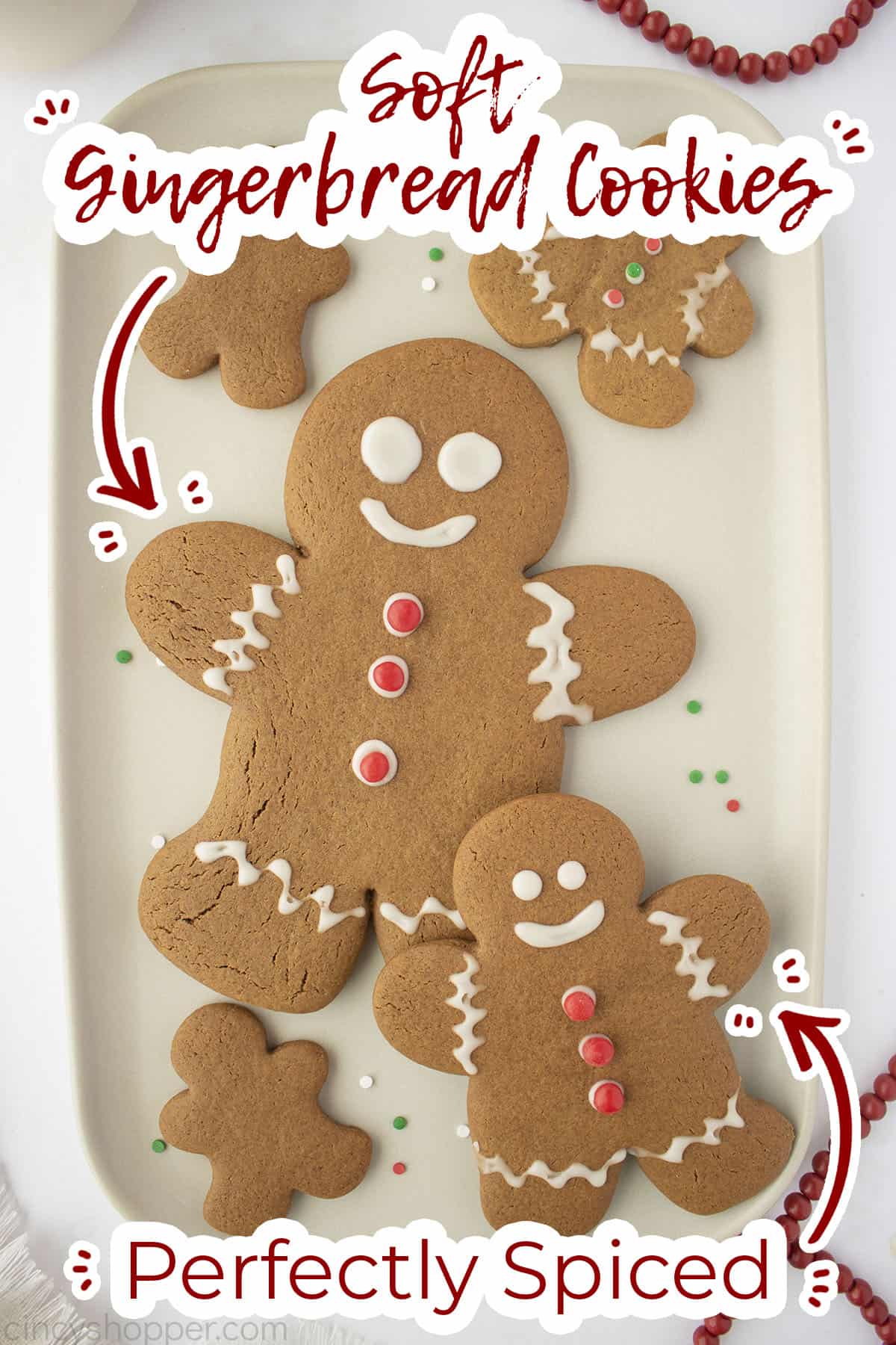 Plate with 3 different sized Gingerbread cookies small medium and large.