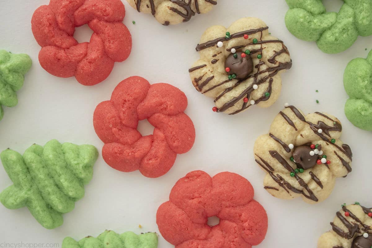 Closeup of Christmas spritz cookies.