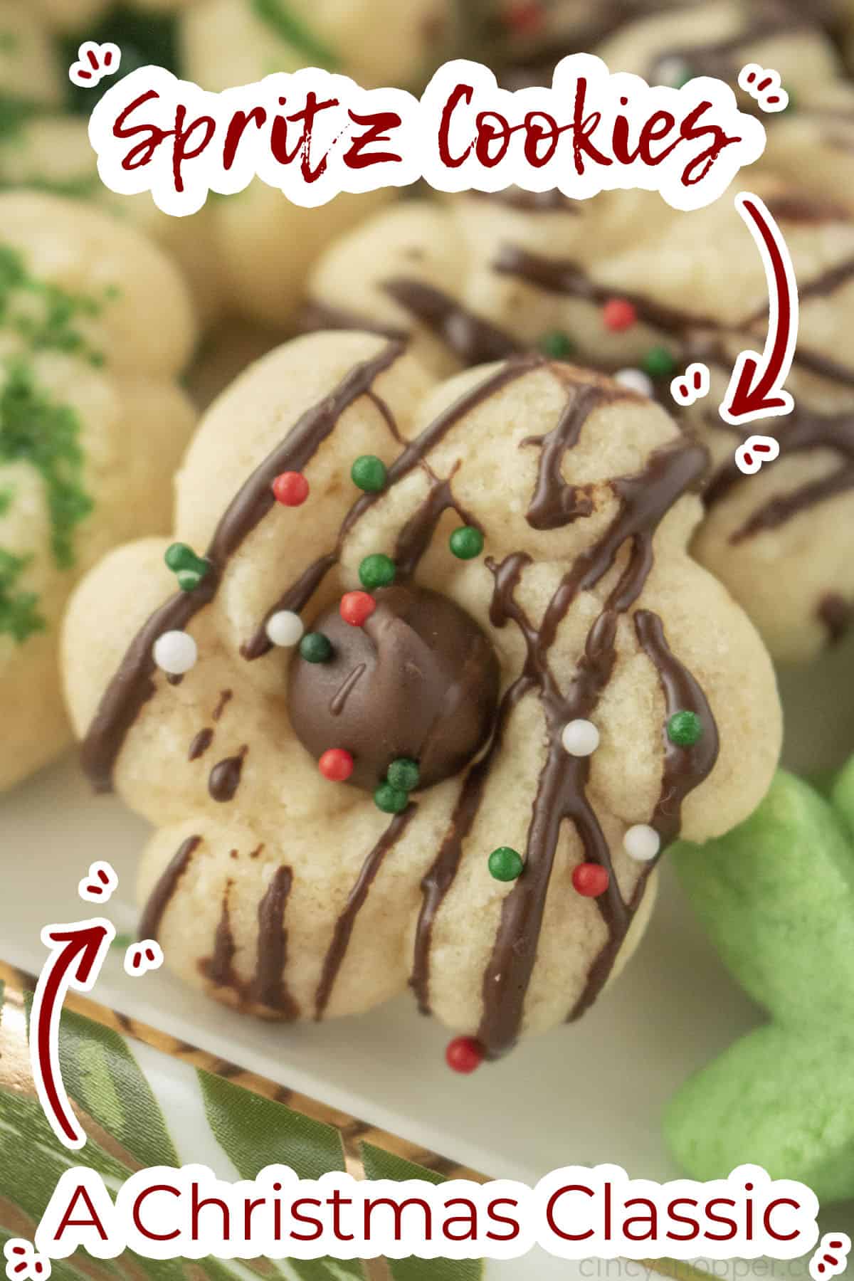Closeup of chocolate decorated Spritz Cookie with text on image A Christmas Classic.