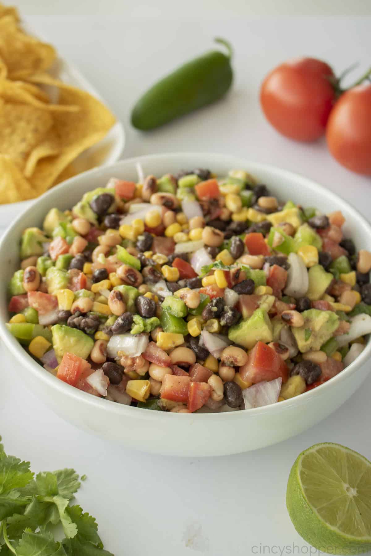 Cowboy Caviar in a white bowl.