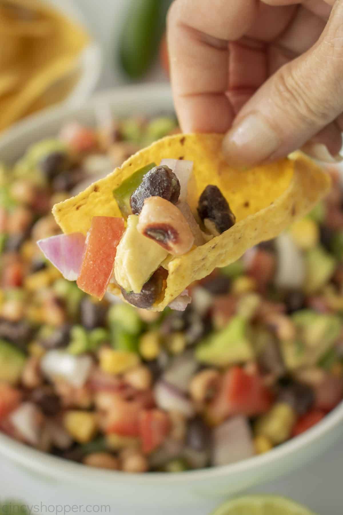 Texas Caviar on a tortilla chip.
