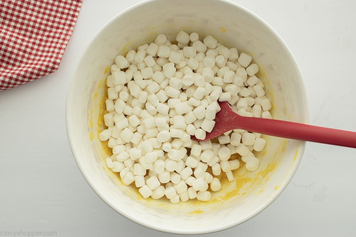 Mini marshmallows added to pudding and pineapple mixture.