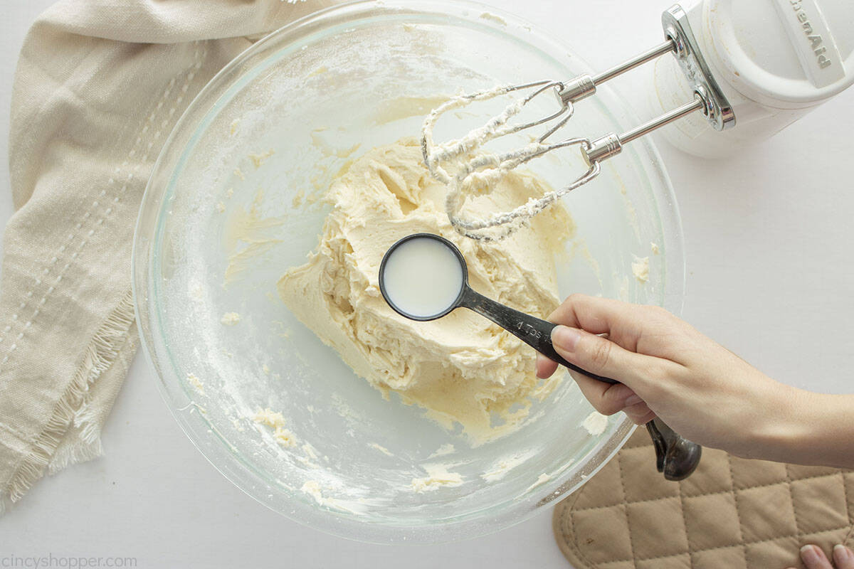 Heavy cream added to creamed butter and sugar mixture.
