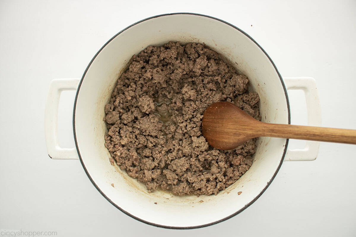 Browned ground beef in a pot.