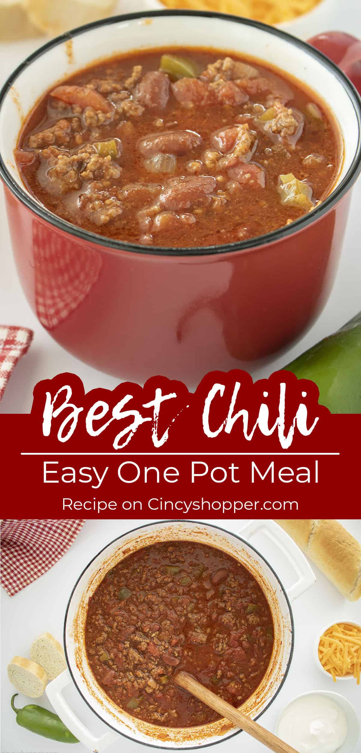 Long pin collage Text on Image Best Chili Easy One Pot Meal