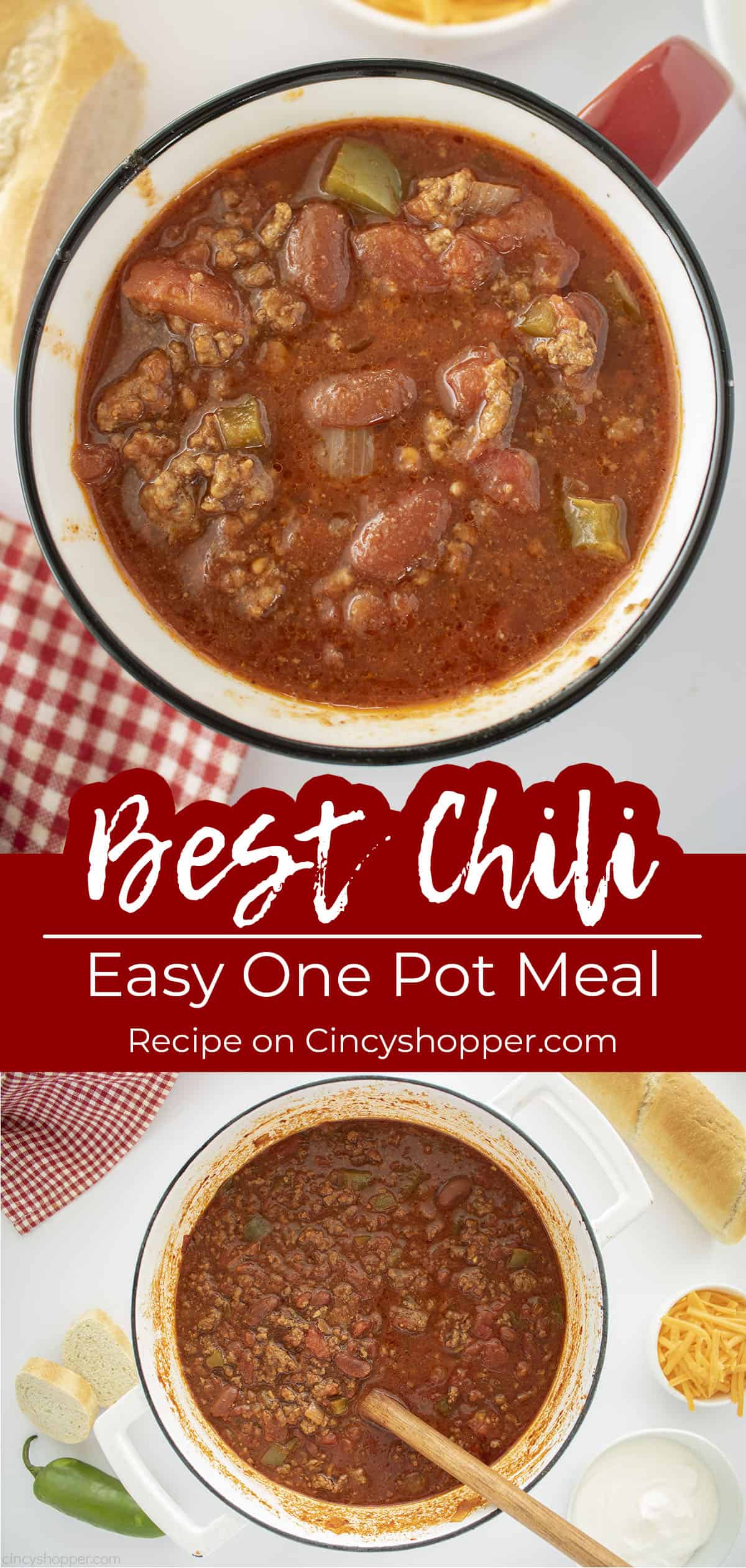 Long pin collage Text on Image Best Chili Easy One Pot Meal
