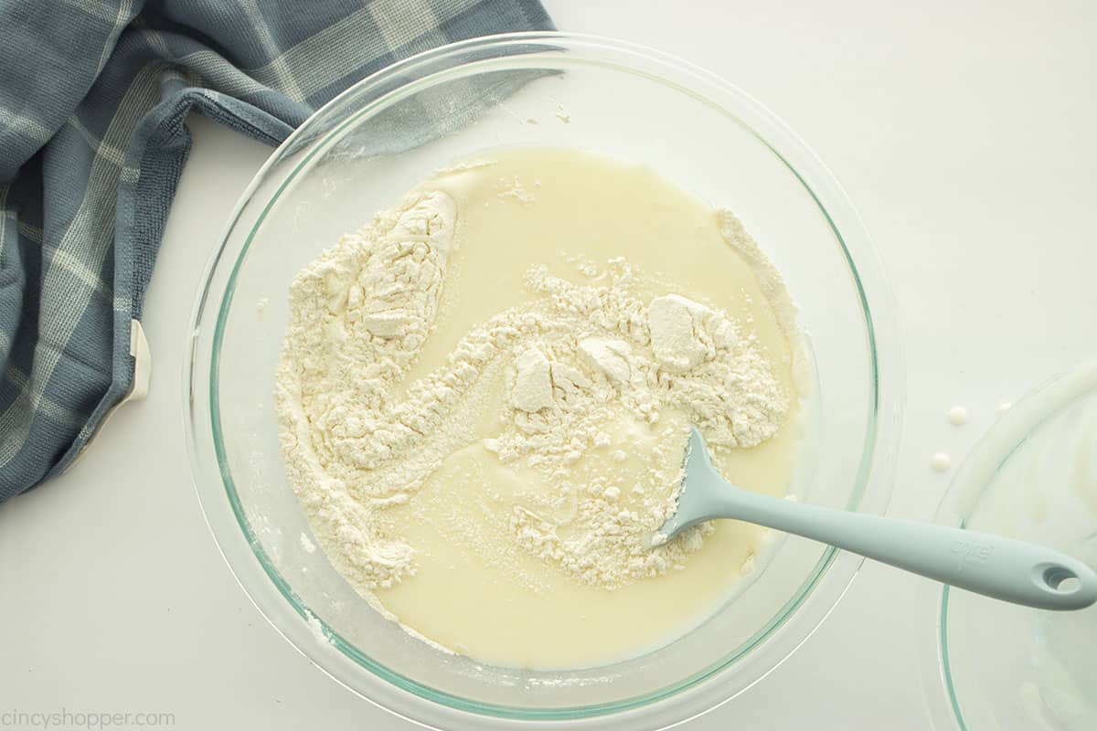 Dry ingredients added to butter mixture.