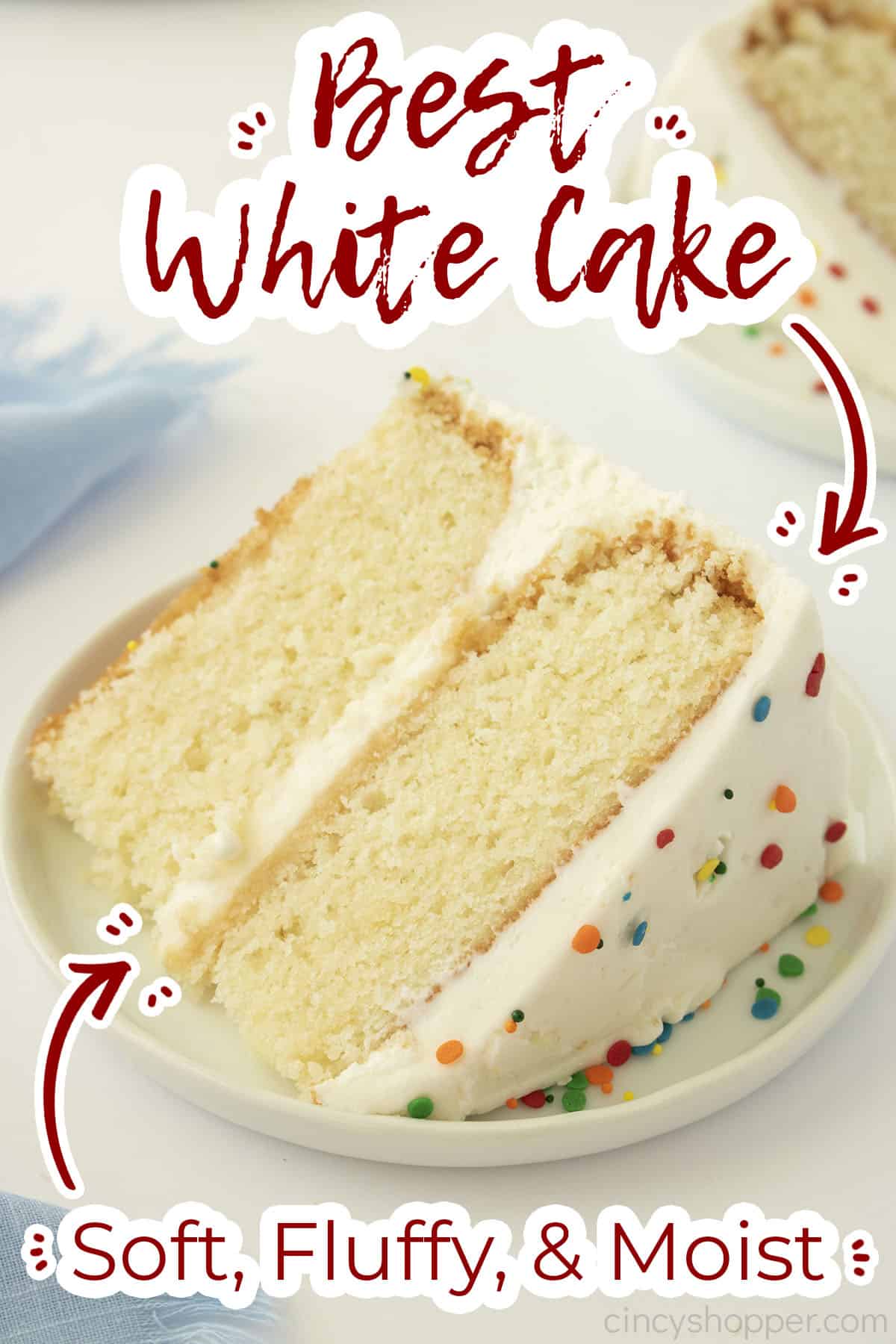 Text on image Best White Cake Soft, Fluffy & Moist