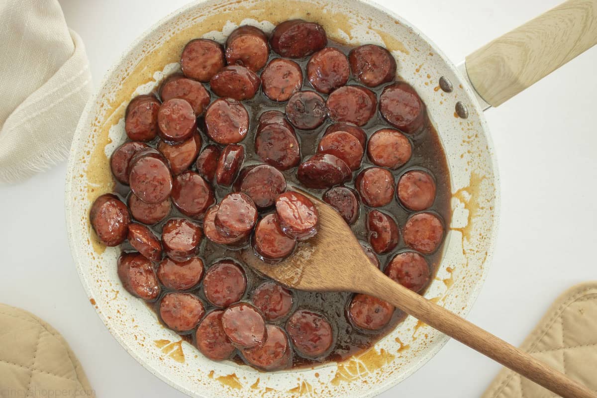Finished brown sugar candied kielbasa.