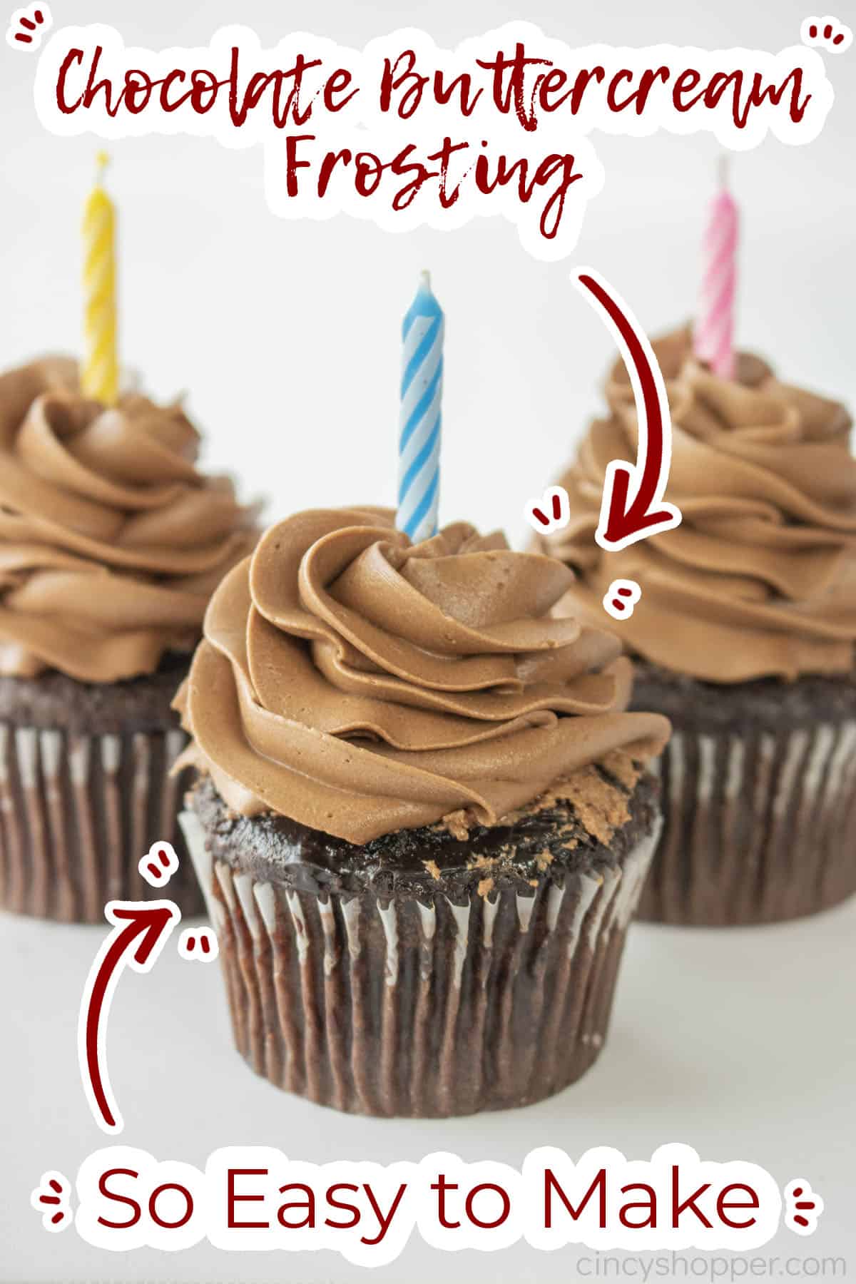 Text on image Chocolate Buttercream Frosting so easy to make.