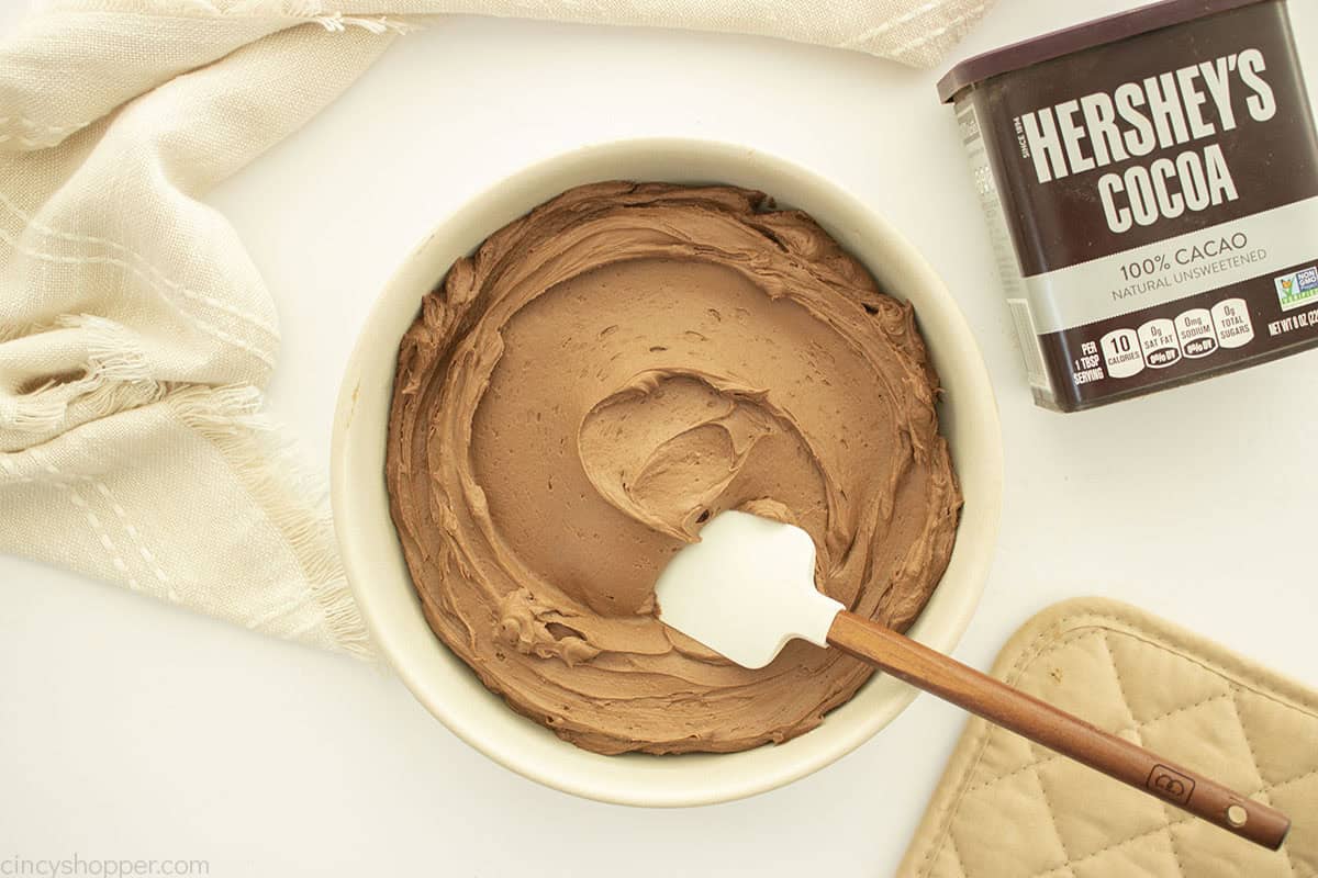 Chocolate American Buttercream frosting in a bowl.
