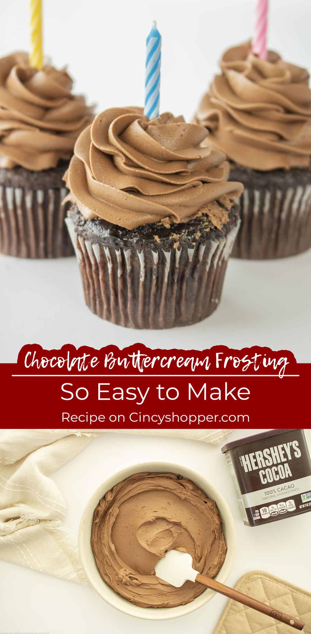 Long pin collage Text on image Chocolate Buttercream Frosting so easy to make.