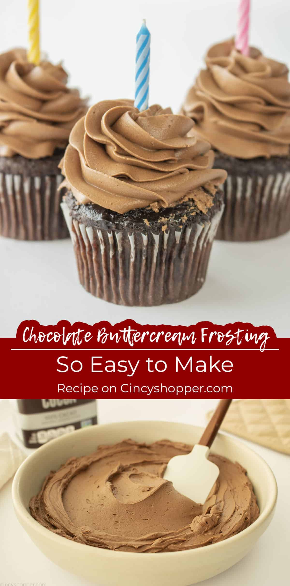 Long pin collage Text on image Chocolate Buttercream Frosting so easy to make.