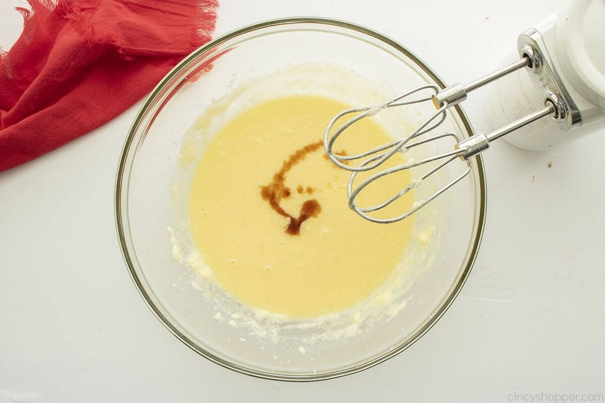 Vanilla added to butter, sugar and egg mixture.