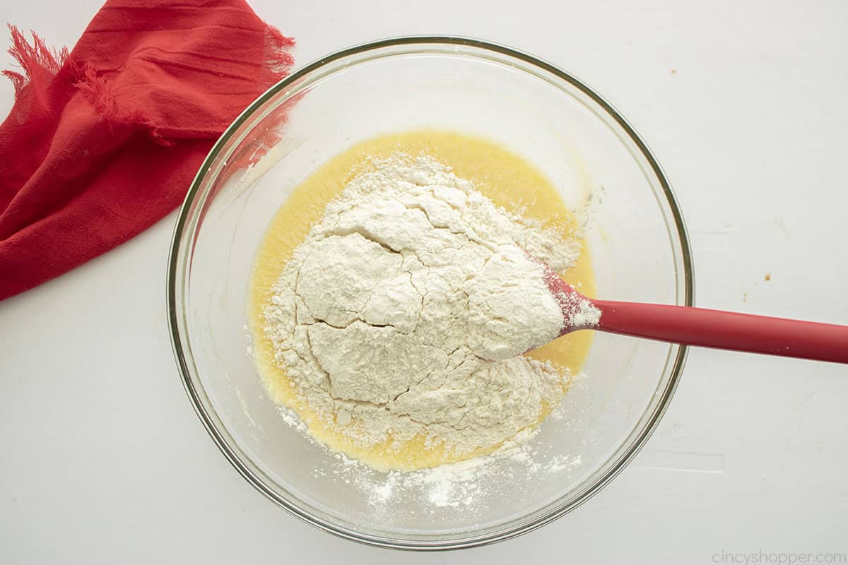 Dry ingredients added to wet ingredients.