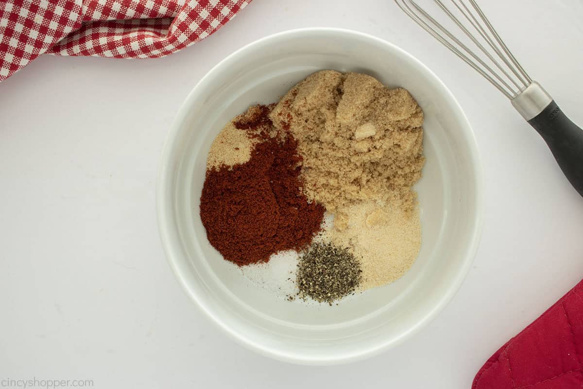 Spices for ribs in a white bowl.