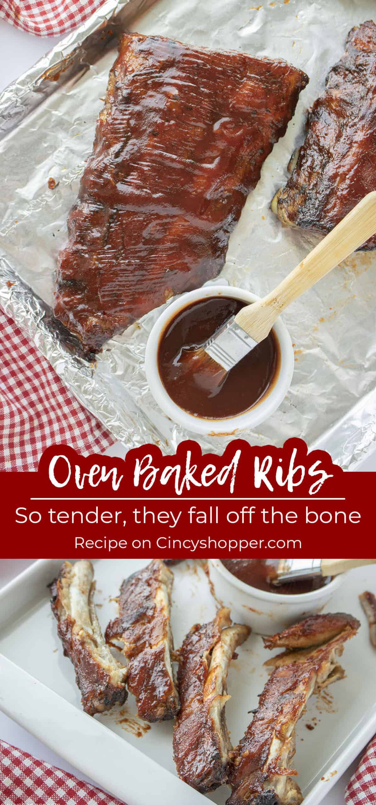 Long pin collage Text on image Oven Baked Ribs So Tender, they fall off the bone.
